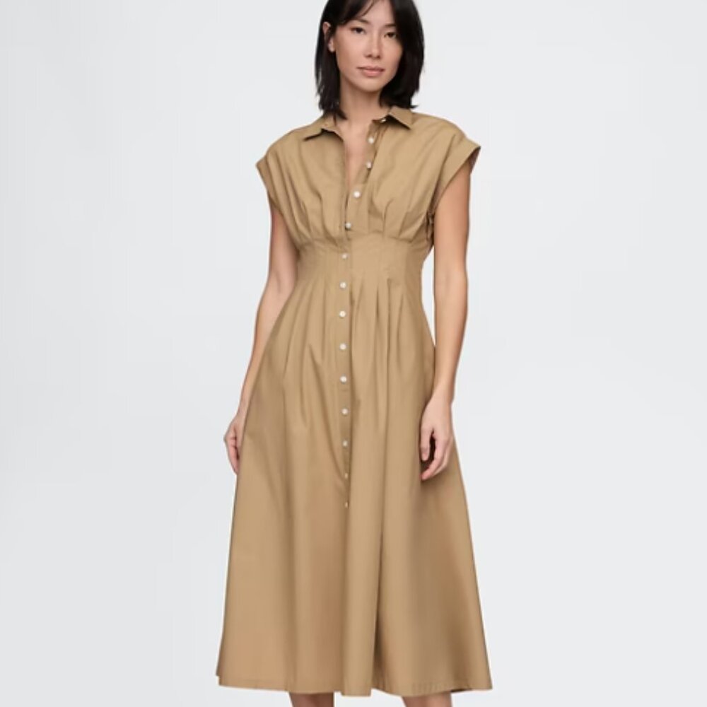 Gap Poplin Midi Tan Shirtdress